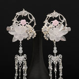 Silver Retro Flower Leaf Pearls Tassel Pendant Chinese Hairpins Clips