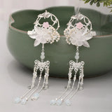 Silver Retro Flower Leaf Pearls Tassel Pendant Chinese Hairpins Clips