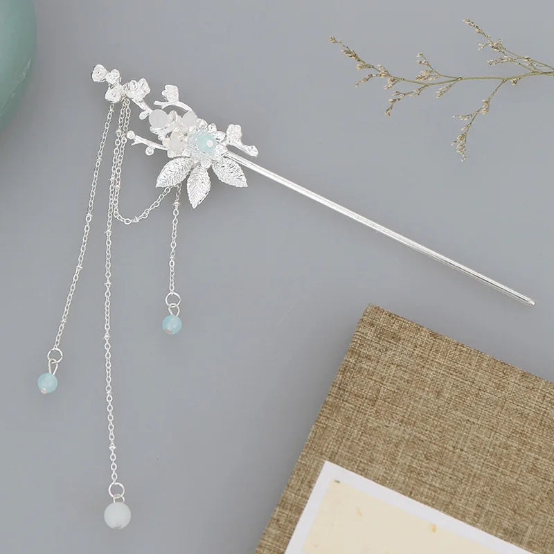Silver Crystal Hanfu Dress Tassel Hairpins