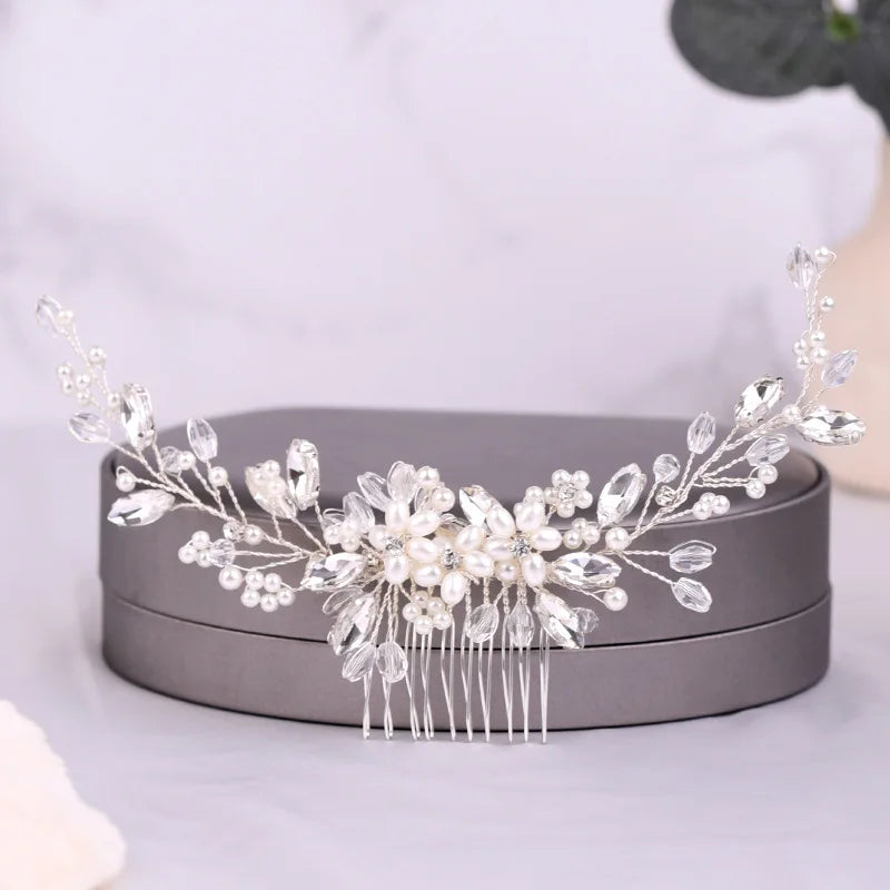 Crystal Pearls Beads Headpiece Hair Comb Wedding Jewelry