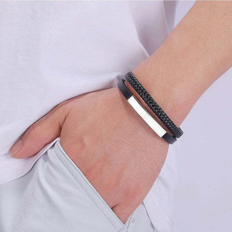 FORTAFY Braided Leather Bracelet Men Stainless Steel Vintage Wristband Gift