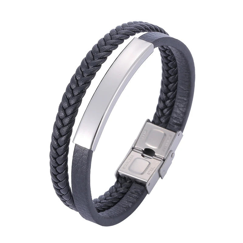 FORTAFY Braided Leather Bracelet Men Stainless Steel Vintage Wristband Gift