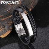 FORTAFY Braided Leather Bracelet Men Stainless Steel Vintage Wristband Gift
