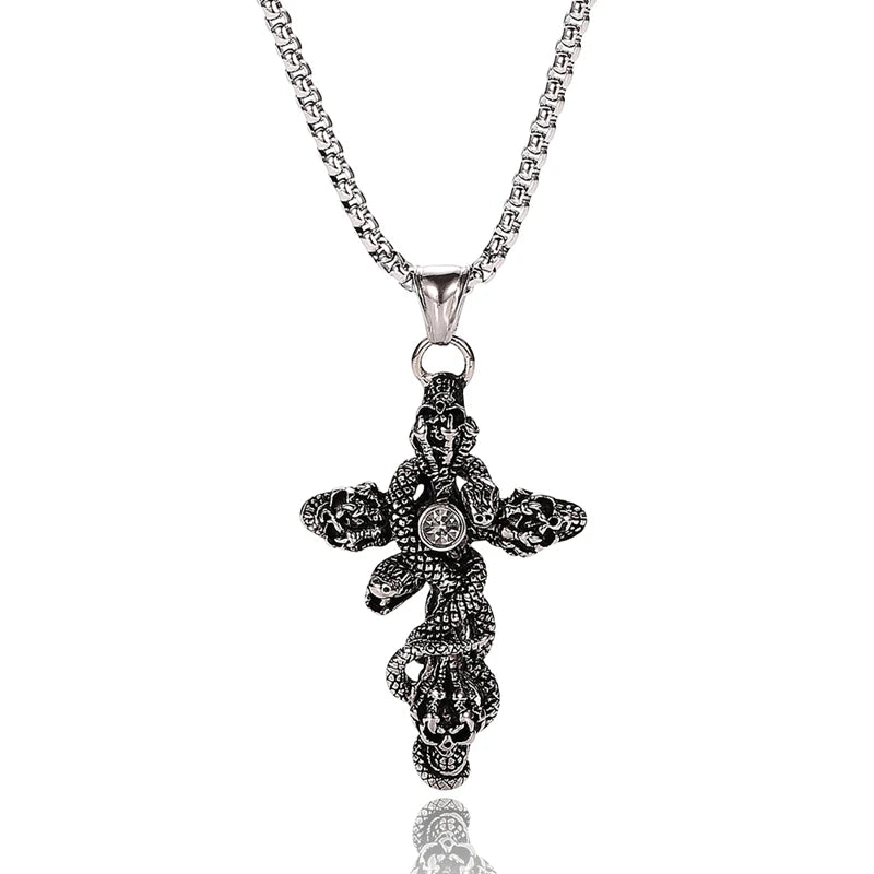 FORTAFY Snake Skull Cross Pendant Men's Necklace Gothic Jewelry