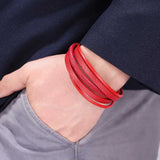 FORTAFY Red Leather Bracelets Men Stainless Steel Multilayer