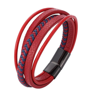 FORTAFY Red Leather Bracelets Men Stainless Steel Multilayer