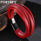 FORTAFY Red Leather Bracelets Men Stainless Steel Multilayer