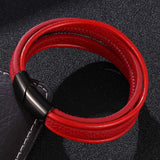 FORTAFY Red Leather Bracelets Men Stainless Steel Multilayer