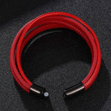 FORTAFY Red Leather Bracelets Men Stainless Steel Multilayer