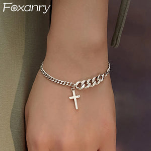 Personality Silver Thicken Bracelet for Women INS Punk Hiphop Rock Cross Pendant