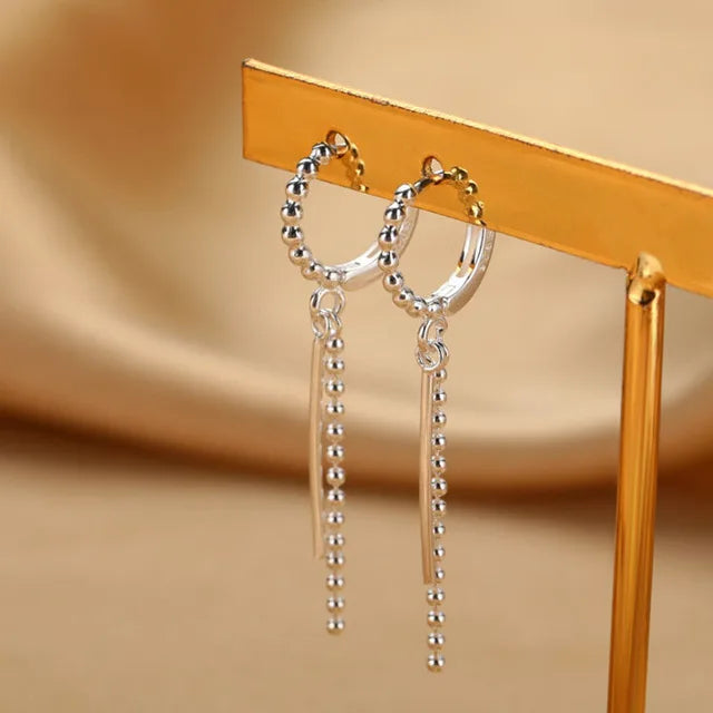 Vintage Silver Earrings Beads Tassel Chain Jewelry Gift