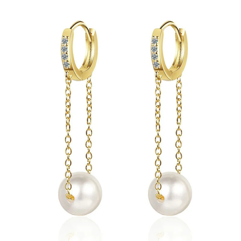 Allergy-Free Silver Hoop Earrings with Zircon Pearl Tassel