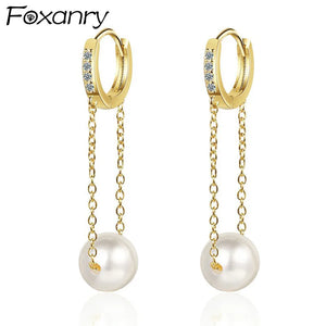 Allergy-Free Silver Hoop Earrings with Zircon Pearl Tassel