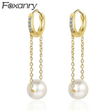 Allergy-Free Silver Hoop Earrings with Zircon Pearl Tassel