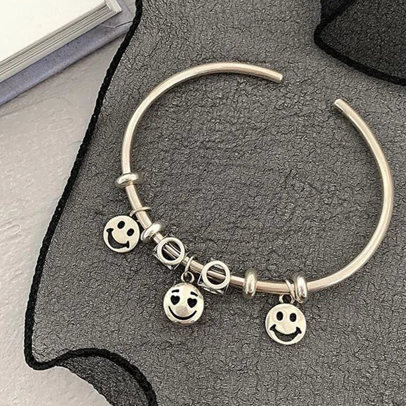 Silver Bracelet INS Vintage Couple Creative Hollow Smiley Face Bell Bangles