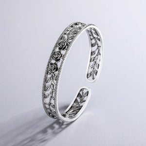 Vintage Hollow Rose Flower Thai Silver Bracelets Charming Bangles