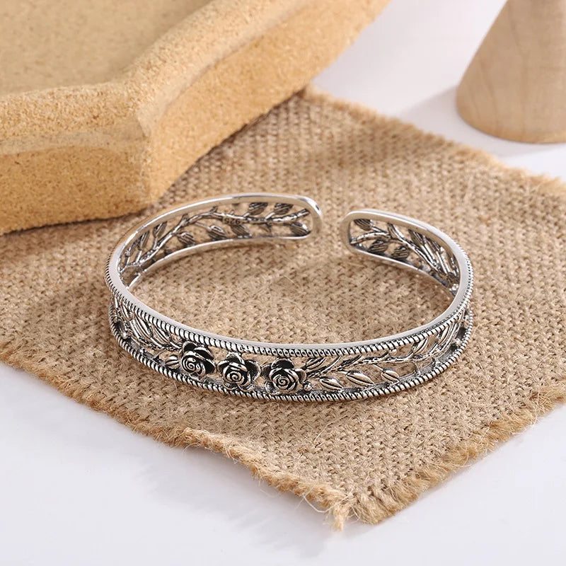 Vintage Hollow Rose Flower Thai Silver Bracelets Charming Bangles