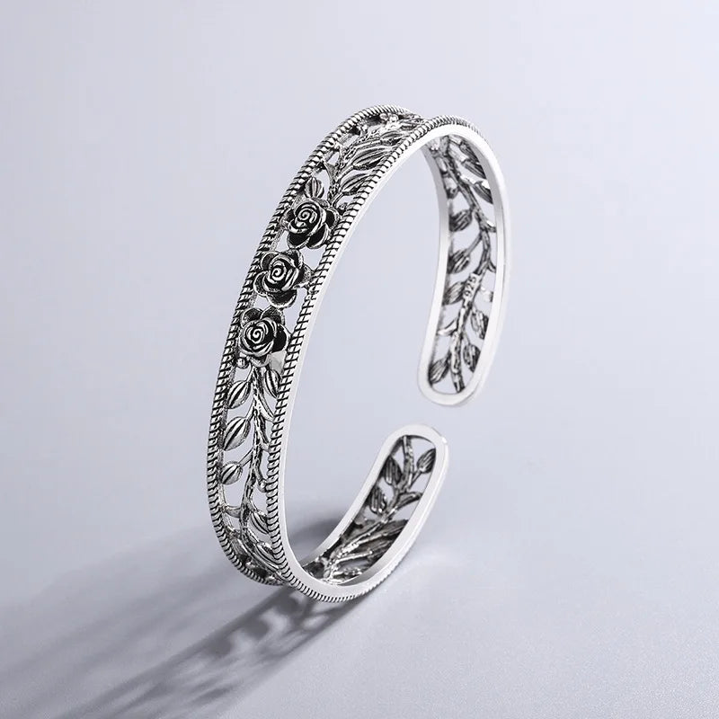 Vintage Hollow Rose Flower Thai Silver Bracelets Charming Bangles