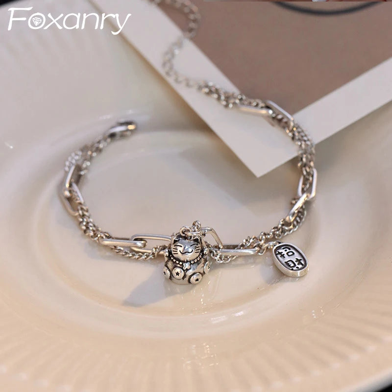 Vintage Silver Cat Bracelet Double Layer Chain Thai Silver Bracelet
