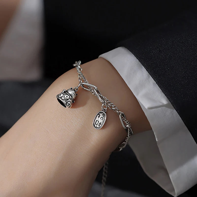 Vintage Silver Cat Bracelet Double Layer Chain Thai Silver Bracelet
