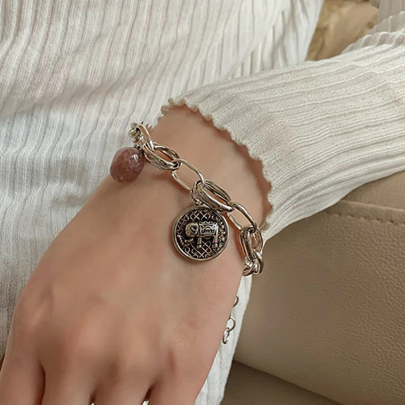 Silver Elephant Bracelet Pink Crystal Party Jewelry