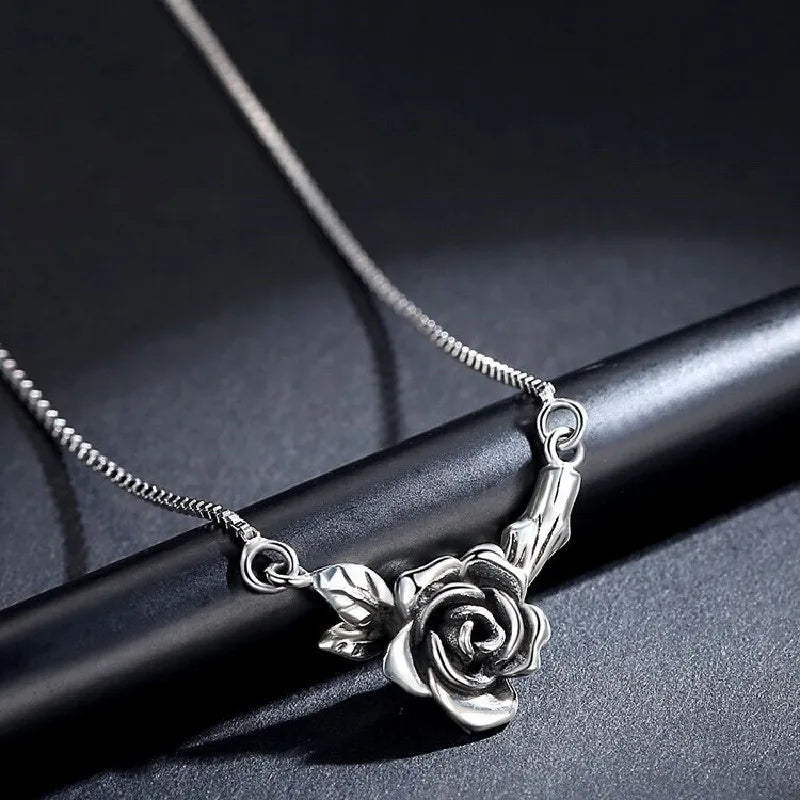 Vintage Rose Flower Thai Silver Necklace for Women