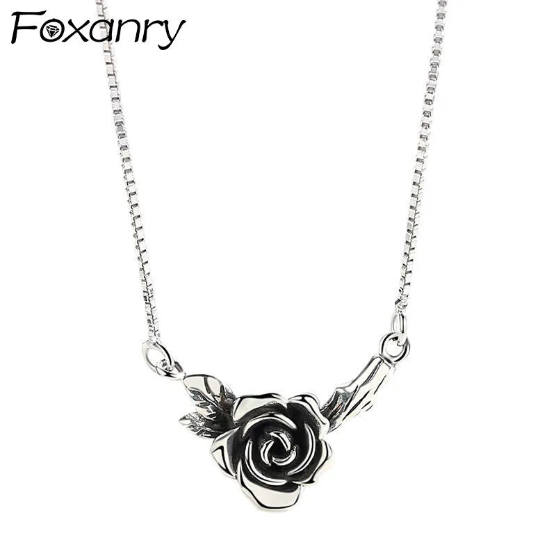 Vintage Rose Flower Thai Silver Necklace for Women