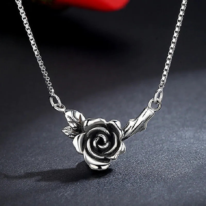 Vintage Rose Flower Thai Silver Necklace for Women
