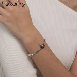 Silver Pearls Bracelets Pink Zircon Bride Jewelry