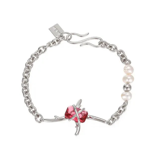 Silver Pearls Bracelets Pink Zircon Bride Jewelry