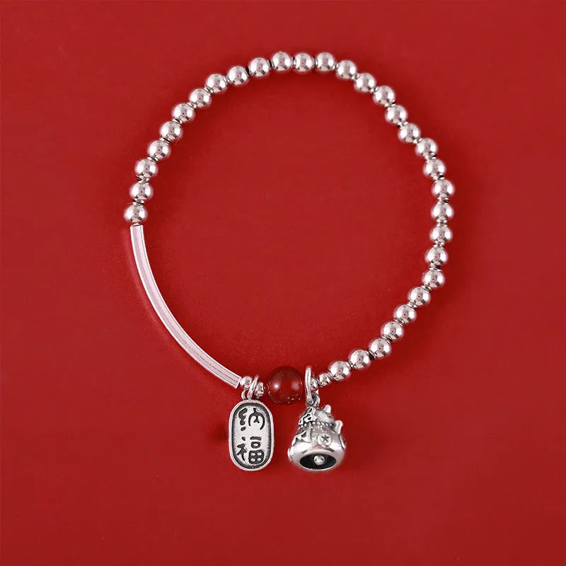 Silver Red Bead Bracelets with Cat Pendant