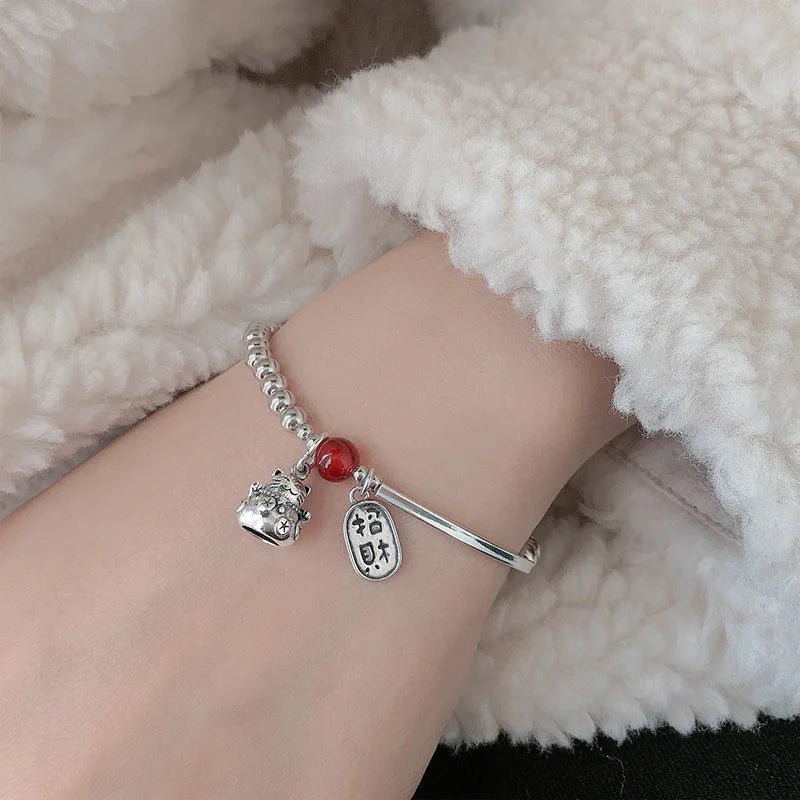 Silver Red Bead Bracelets with Cat Pendant