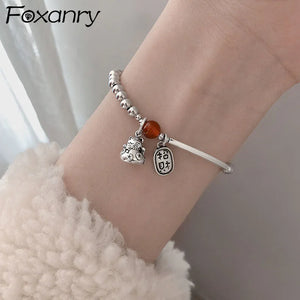 Silver Red Bead Bracelets with Cat Pendant
