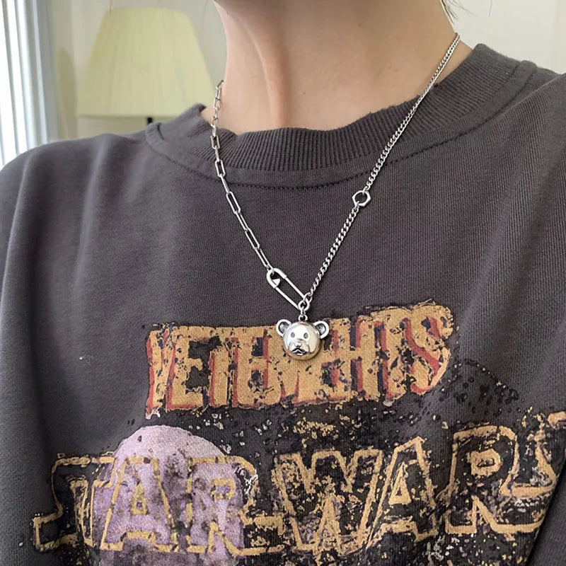 Silver Sweater Necklace Hip Hop Vintage Couples Bear Pin Party