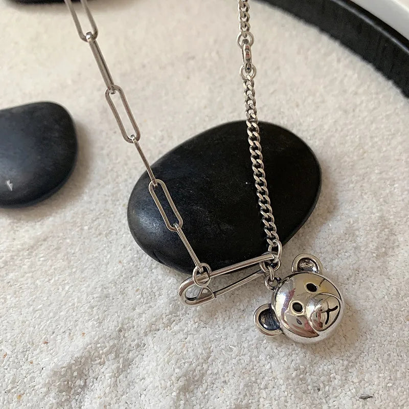 Silver Sweater Necklace Hip Hop Vintage Couples Bear Pin Party