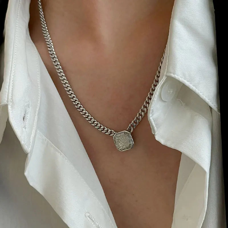 Silver Thick Chain Necklace for Women Vintage Zircon Jewelry
