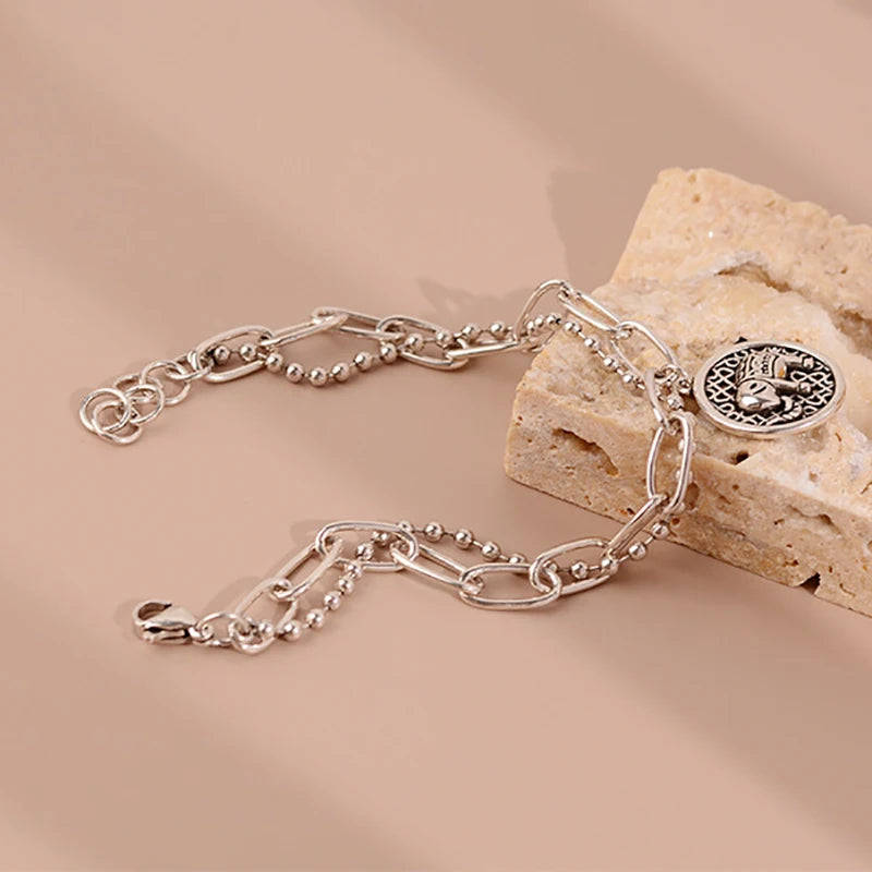 Silver Vintage Bracelet for Women Elephant Pendant Double Layer Chain