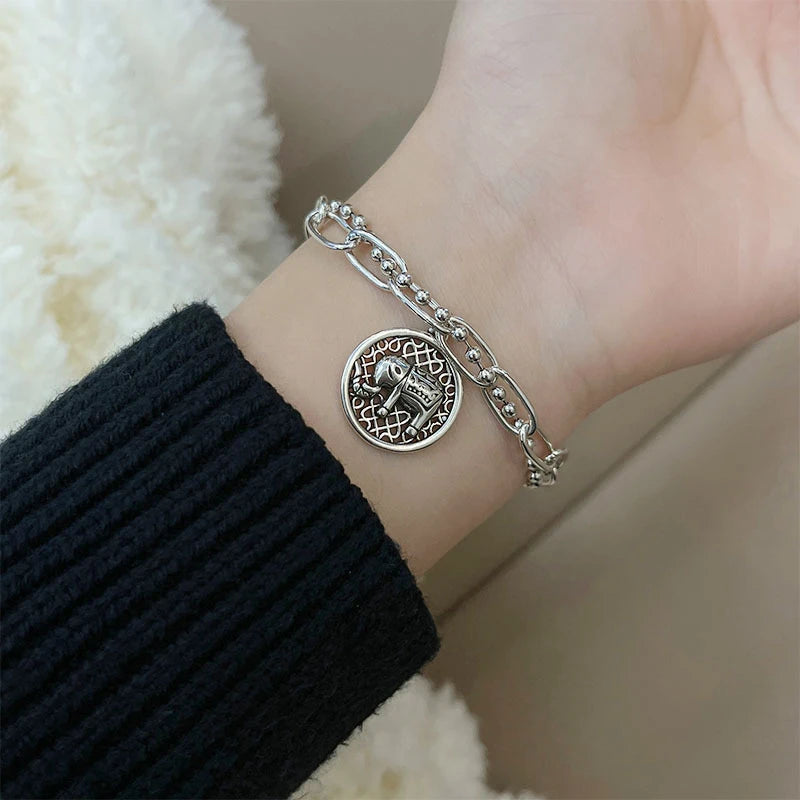 Silver Vintage Bracelet for Women Elephant Pendant Double Layer Chain