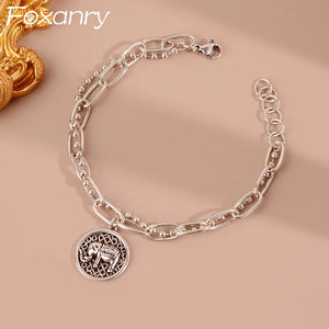 Silver Vintage Bracelet for Women Elephant Pendant Double Layer Chain