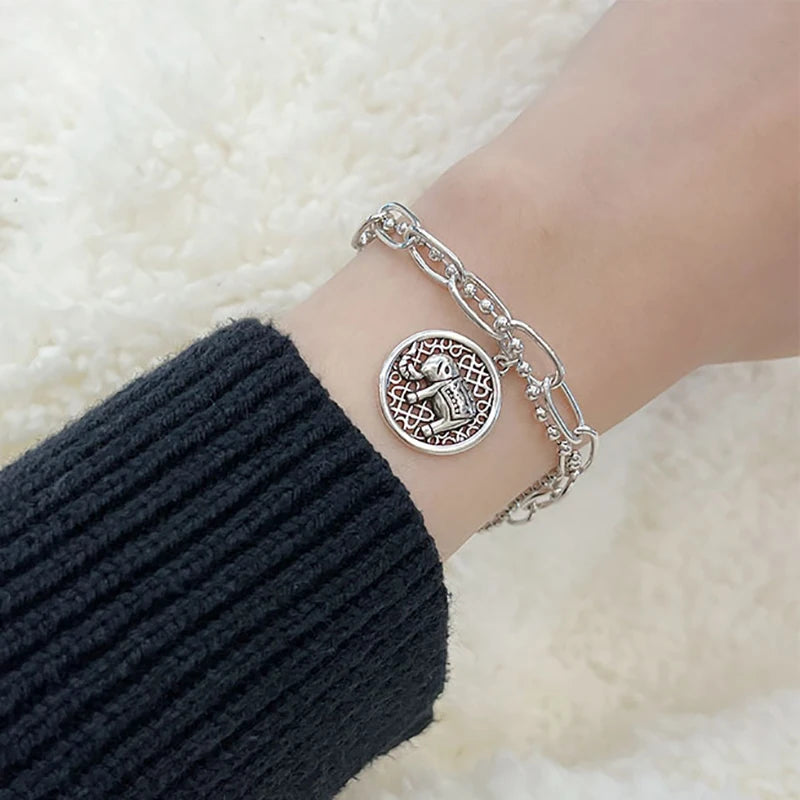 Silver Vintage Bracelet for Women Elephant Pendant Double Layer Chain