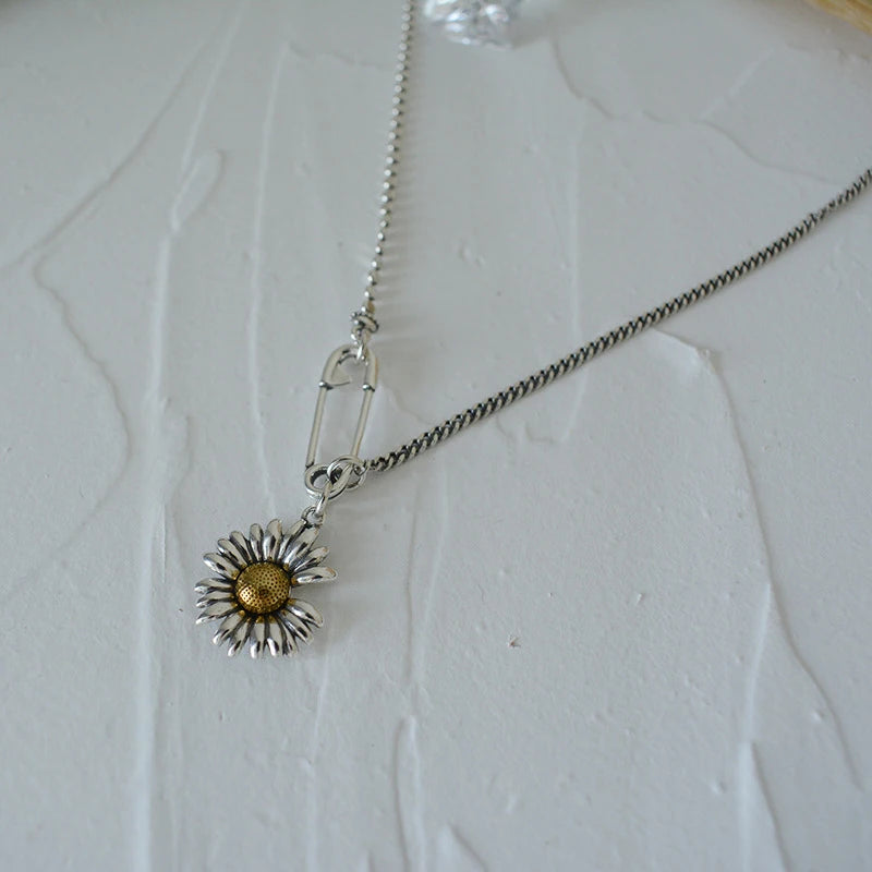 Silver Vintage Sweater Necklace with Daisy Pendant