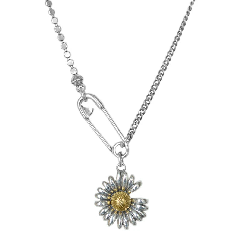 Silver Vintage Sweater Necklace with Daisy Pendant