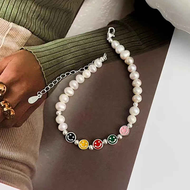 Smiley Face Pearl Chain Bracelet Charm Women Girl Vintage Punk Beach Party