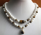 8mm Shell Pearl Mixed Tiger Eye Stone Necklace & 14mm Pearl Pendant
