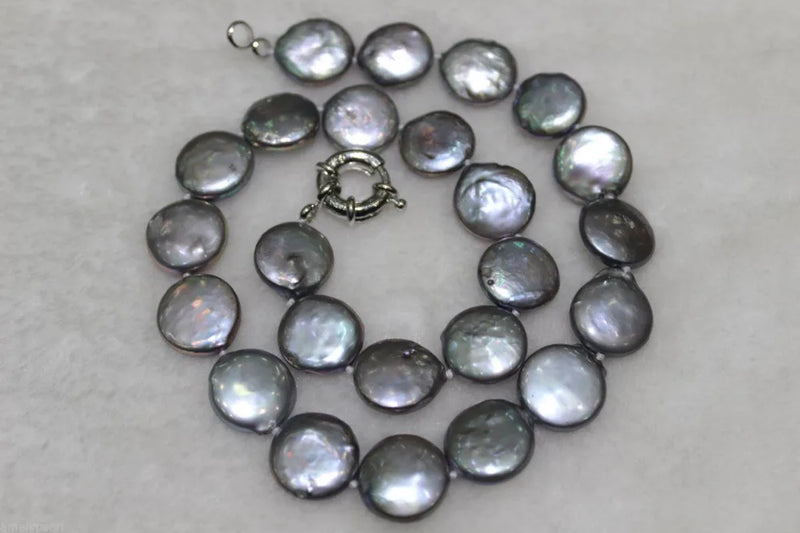 Gray Coin Shape Freshwater Pearl Necklace 13-15mm 17INCH