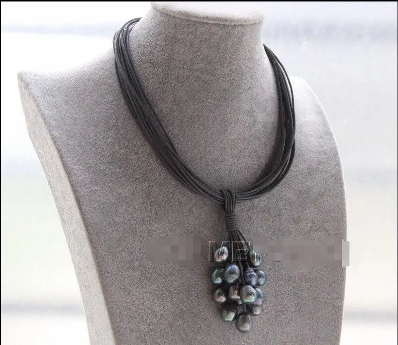 15Strands grey leather peacock pearls Choker necklace pendant