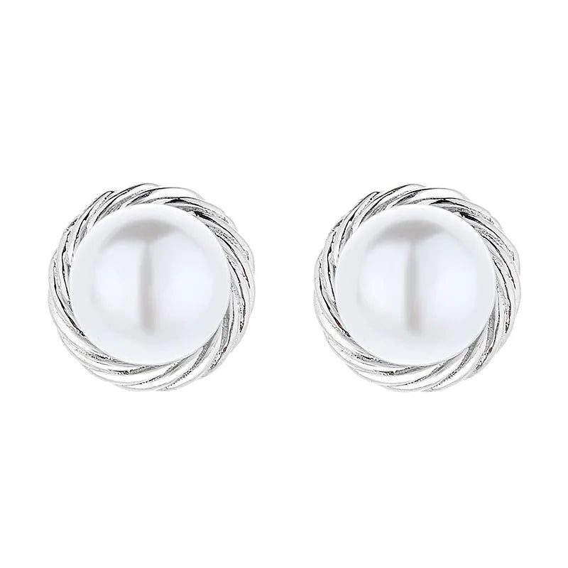 Round Pearl Earrings 925 Silver Studs Wedding Bridal Gift