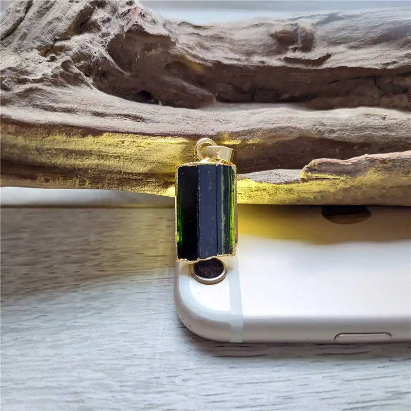 Green Tourmaline Pendant: Golden Plated Crystal Accessory PD413