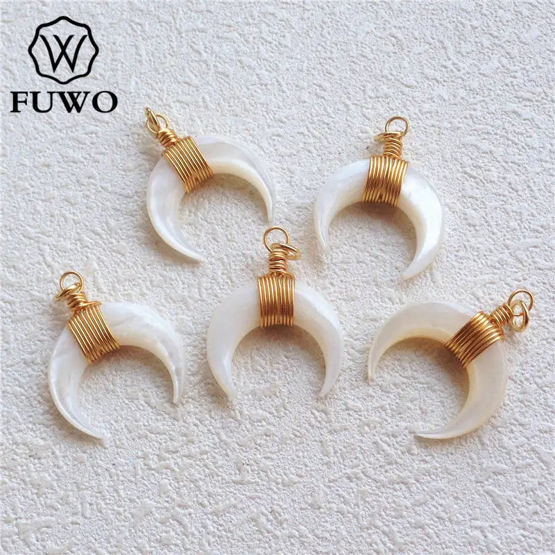 Crescent Moon Shell Pendants Brass Wire Wrap Mother of Pearl For Chokers