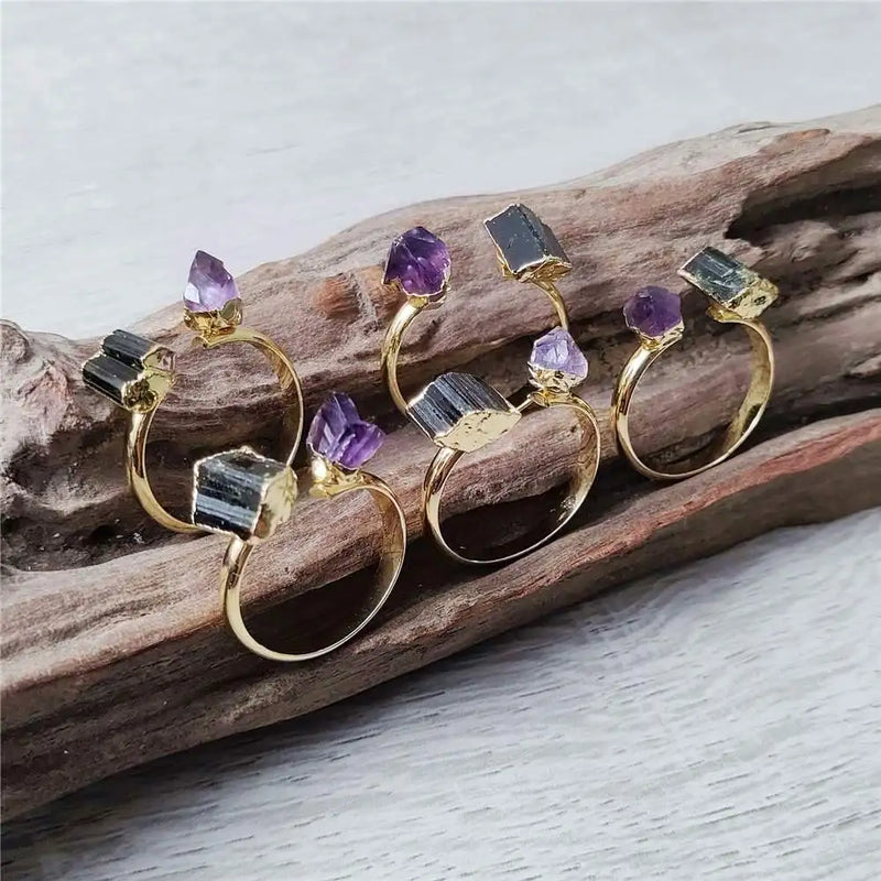 Tourmaline & Amethyst Double Stone Rings Gold Plated Jewelry